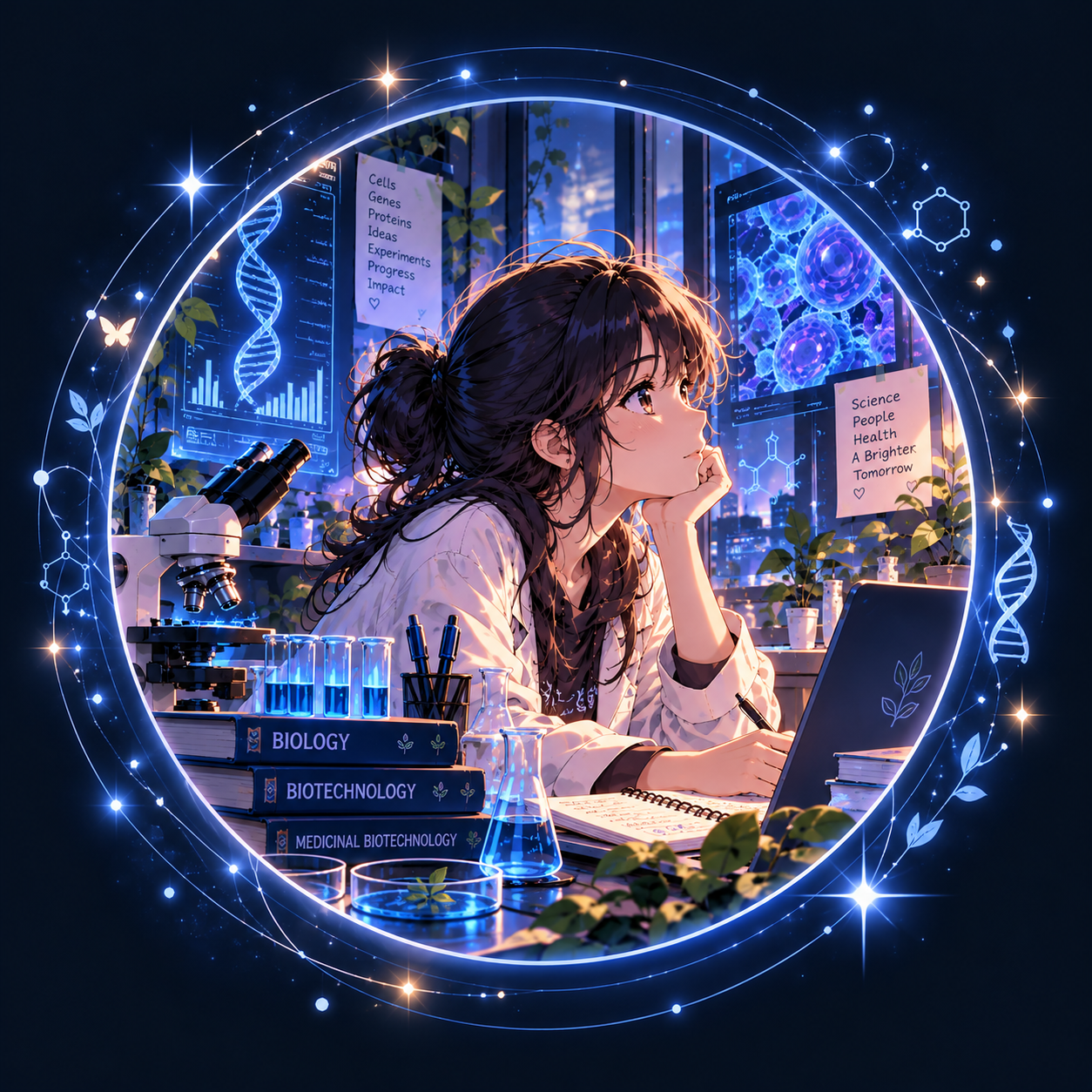 Anime-style scientist in a glowing biotechnology laboratory